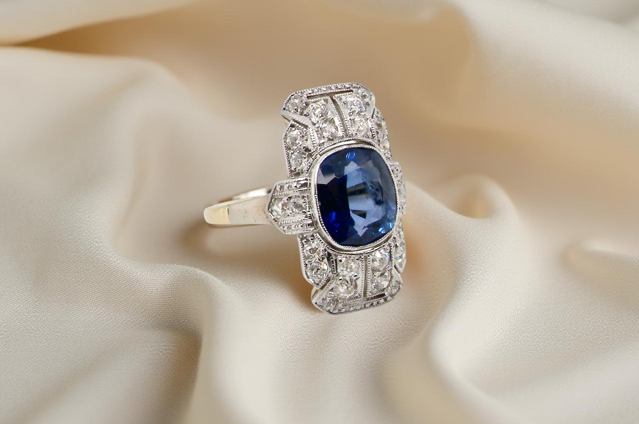 A Fabulous Art Deco Sapphire and Diamond Plaque Engagement Ring