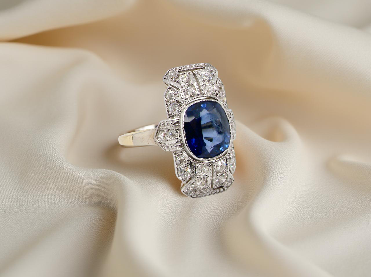 A Fabulous Art Deco Sapphire and Diamond Plaque Engagement Ring