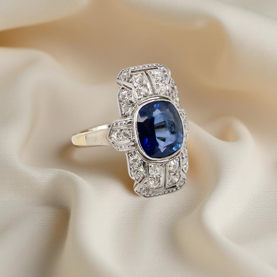 A Fabulous Art Deco Sapphire and Diamond Plaque Engagement Ring