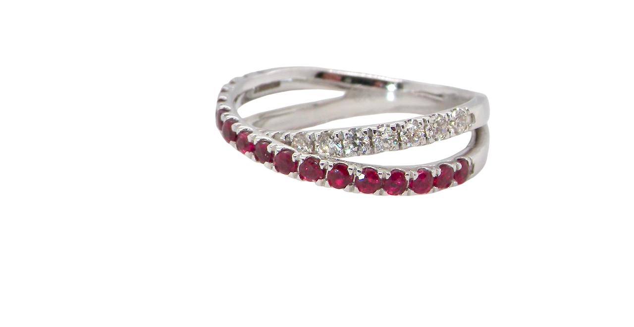A NEW ruby and diamond cross over ring