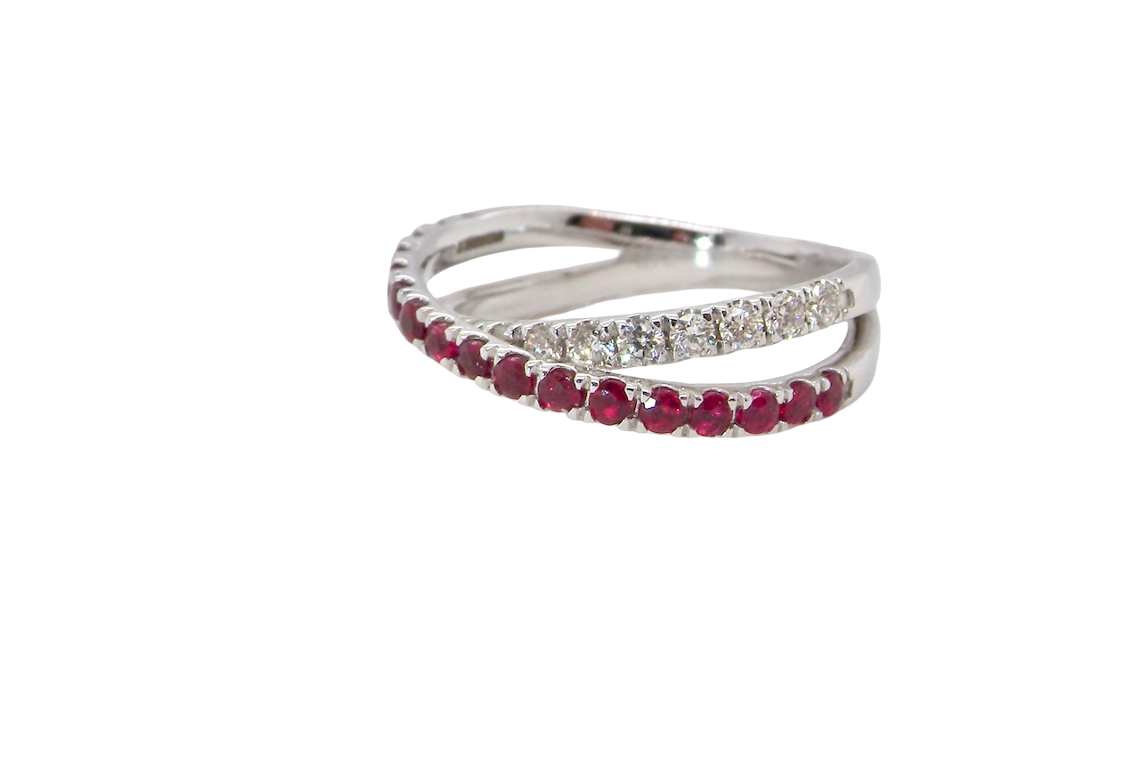 A NEW ruby and diamond cross over ring