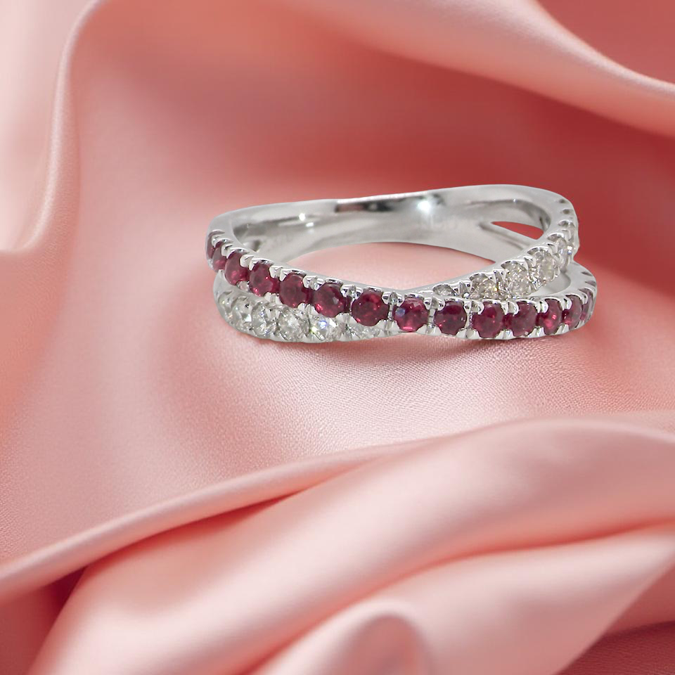 A NEW ruby and diamond cross over ring