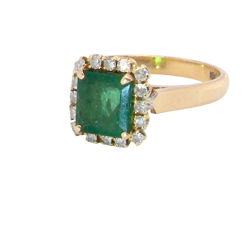 A beautiful cluster ring set with a large square-cut emerald measuring approximately 7 x 7mm, displaying a deep grass-green colour