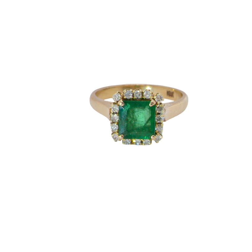 A beautiful cluster ring set with a large square-cut emerald measuring approximately 7 x 7mm, displaying a deep grass-green colour with natural inclusions,