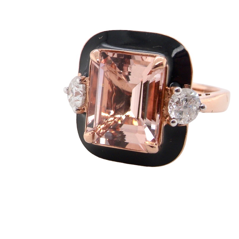 A square-cut rose gold ring featuring a large emerald-cut peach morganite center stone, flanked by two round-cut clear diamonds and accented with a black enamel border, set against a plain white background.