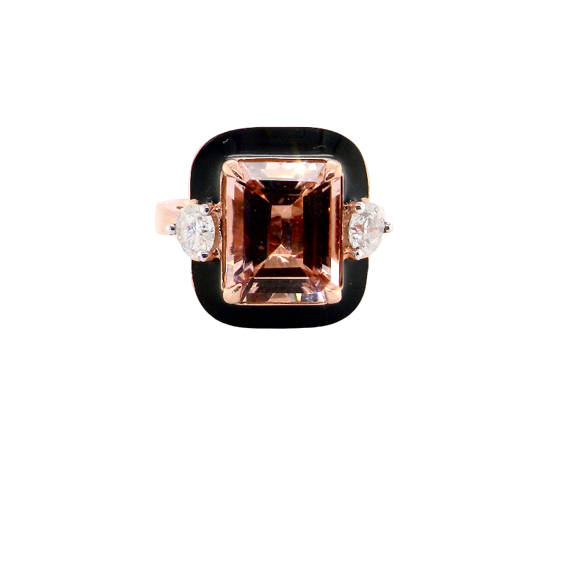 A rose gold ring featuring a large square-cut peach morganite center stone and two small round-cut clear accent stones on either side, set against a black background.
