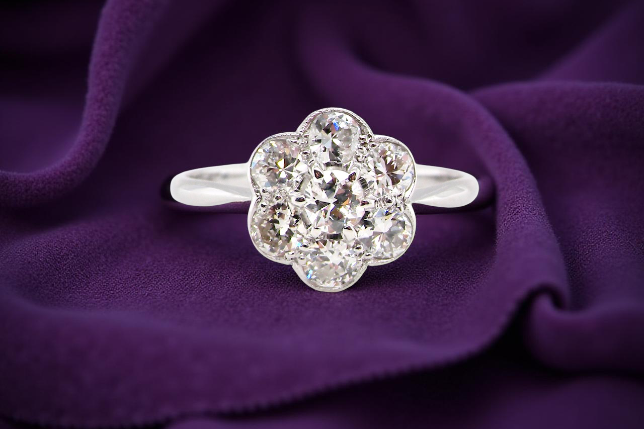 Diamond ring on a purple fabric background