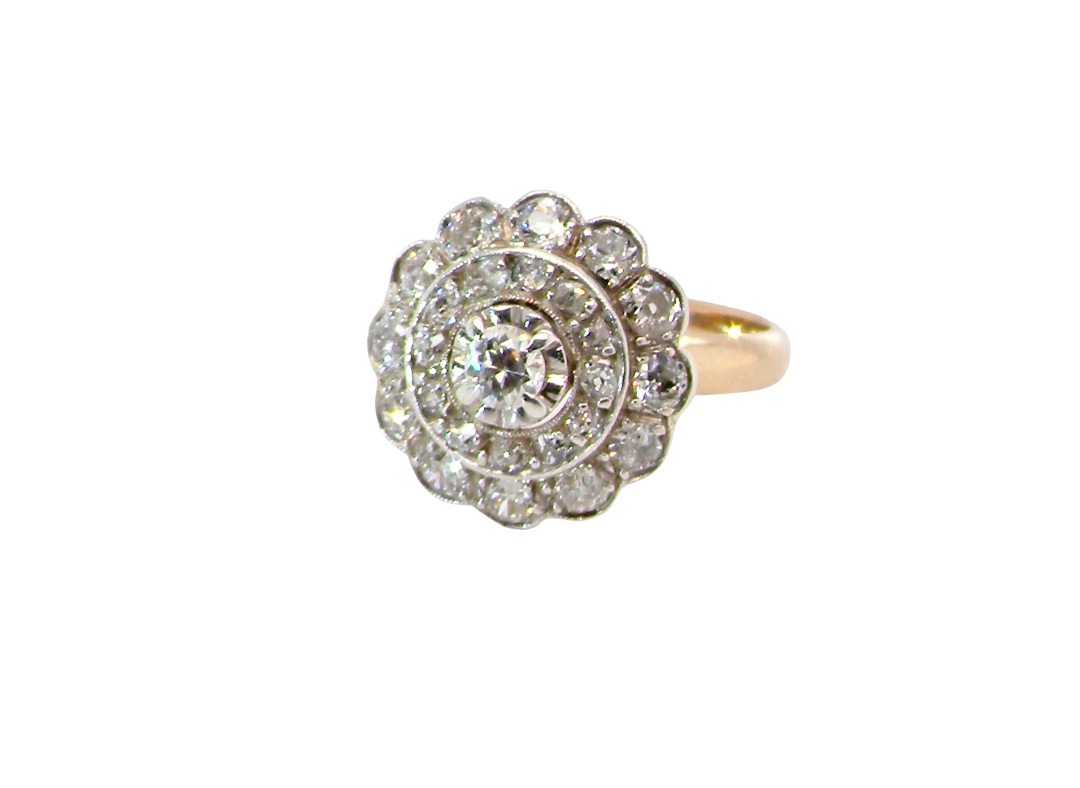 A beautiful vintage diamond cluster ring. Know as a target cluster, the diamonds are old brilliant cut. Centre diamond 3.8mm . 