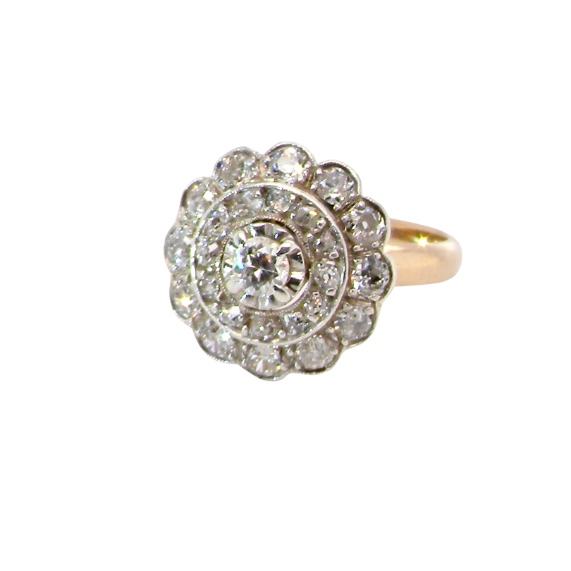 A beautiful vintage diamond cluster ring. Know as a target cluster, the diamonds are old brilliant cut. Centre diamond 3.8mm . 
