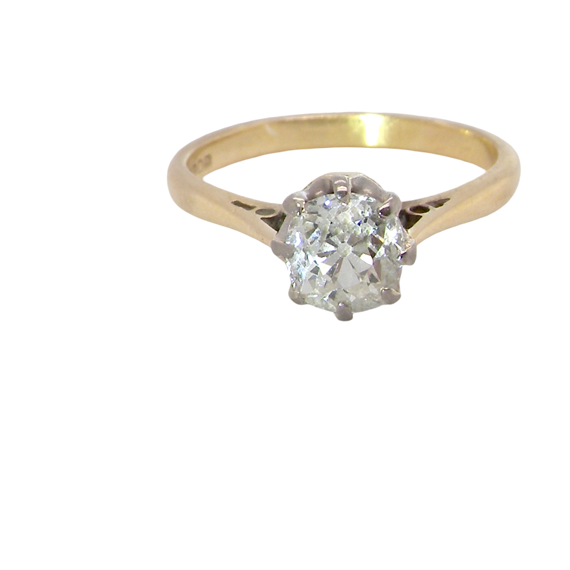 A beautiful vintage diamond solitaire ring featuring an old brilliant cut white diamond measuring approximately 6mm, estimated at 0.75 carats. The diamond displays attractive sparkle with an assessed colour of I–J and clarity of SI.