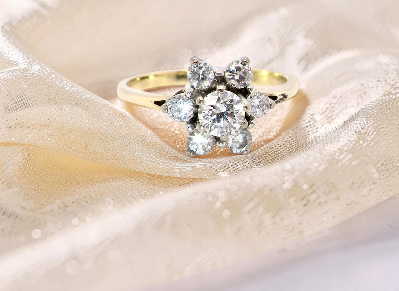 A beautifully crafted vintage diamond cluster ring, dating to the 1960s, featuring a classic design that remains timeless and elegant.