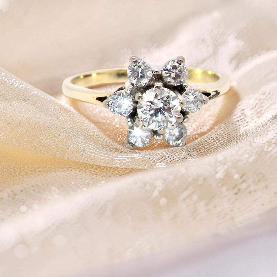 A beautifully crafted vintage diamond cluster ring, dating to the 1960s, featuring a classic design that remains timeless and elegant.