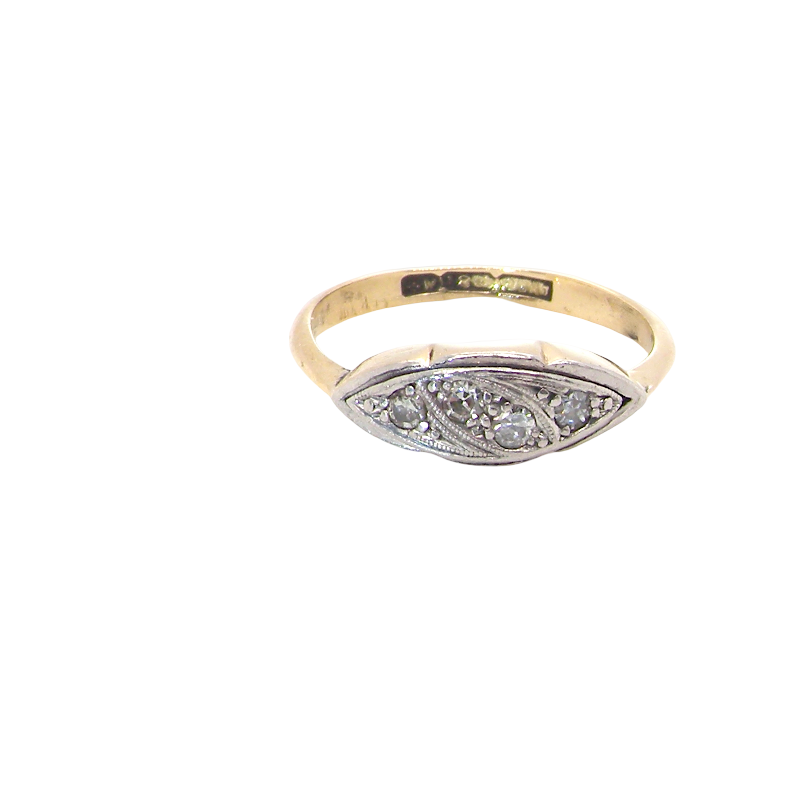 A vintage-style oval ring featuring a yellow gold band and a silver-toned bezel-set setting with small clear stones, shown on a plain white background.