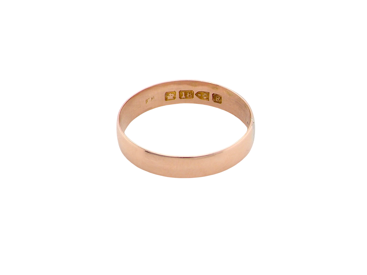 A classic 18 carat rose gold wedding ring.
Plain polished finish, 3.8mm wide. weight 2 grams.