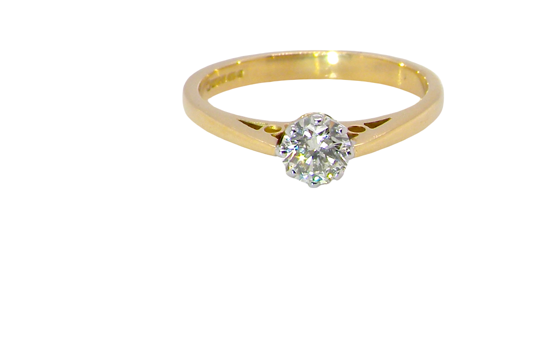 A classic solitaire ring. Features a single brilliant cut white diamond, measures 5mm (est 0.50 carats) Colour H-j, clarity Si.
Head is claw set, platinum, head 5.2mm, depth 5.4mm,