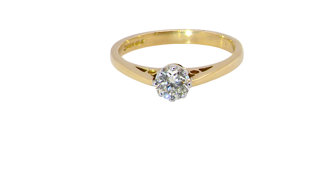 A classic solitaire ring. Features a single brilliant cut white diamond, measures 5mm (est 0.50 carats) Colour H-j, clarity Si.
Head is claw set, platinum, head 5.2mm, depth 5.4mm, weight 2.9 grams. 