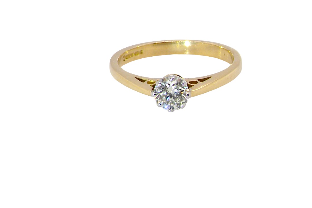A classic solitaire ring. Features a single brilliant cut white diamond, measures 5mm (est 0.50 carats) Colour H-j, clarity Si.
Head is claw set, platinum, head 5.2mm, depth 5.4mm, weight 2.9 grams. 