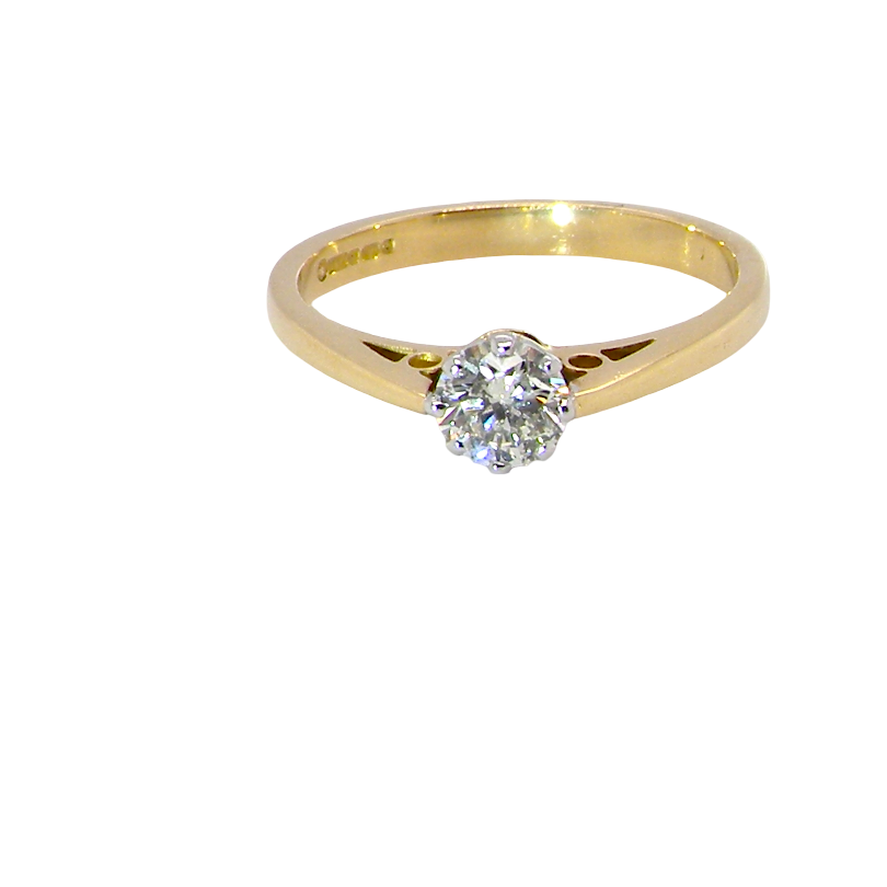 A classic solitaire ring. Features a single brilliant cut white diamond, measures 5mm (est 0.50 carats) Colour H-j, clarity Si.
Head is claw set, platinum, head 5.2mm, depth 5.4mm, weight 2.9 grams. 