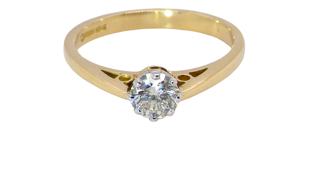 A classic solitaire ring. Features a single brilliant cut white diamond, measures 5mm (est 0.50 carats) Colour H-j, clarity Si.
Head is claw set, platinum, head 5.2mm, weight 2.9 grams. 