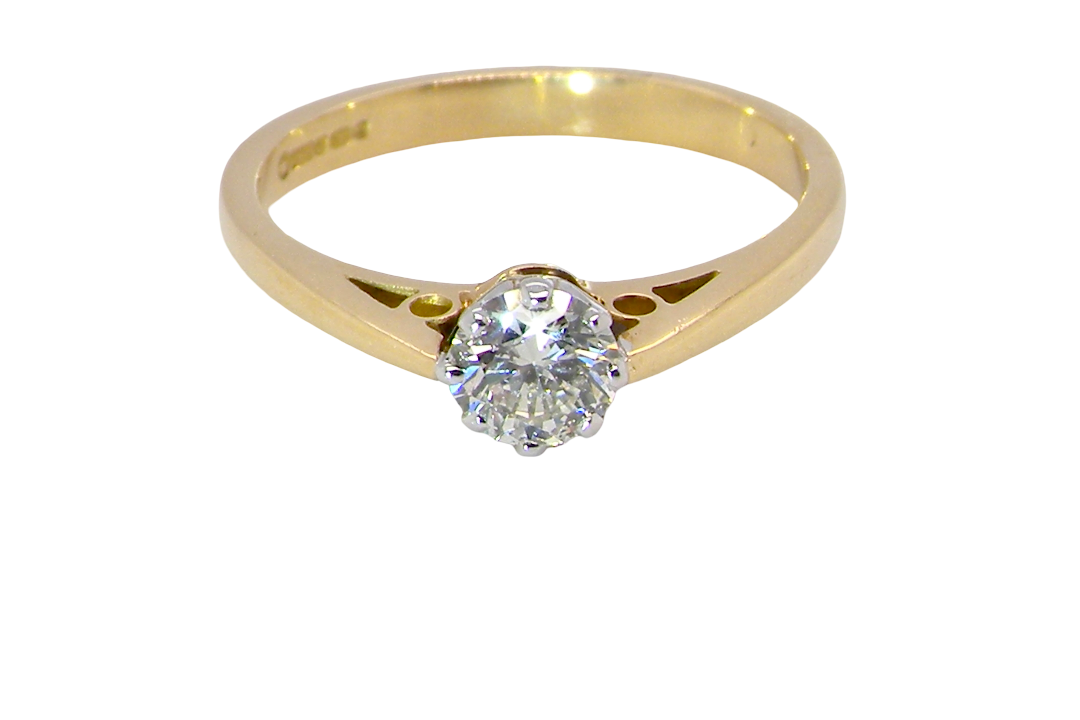 A classic solitaire ring. Features a single brilliant cut white diamond, measures 5mm (est 0.50 carats) Colour H-j, clarity Si.
Head is claw set, platinum, head 5.2mm, weight 2.9 grams. 