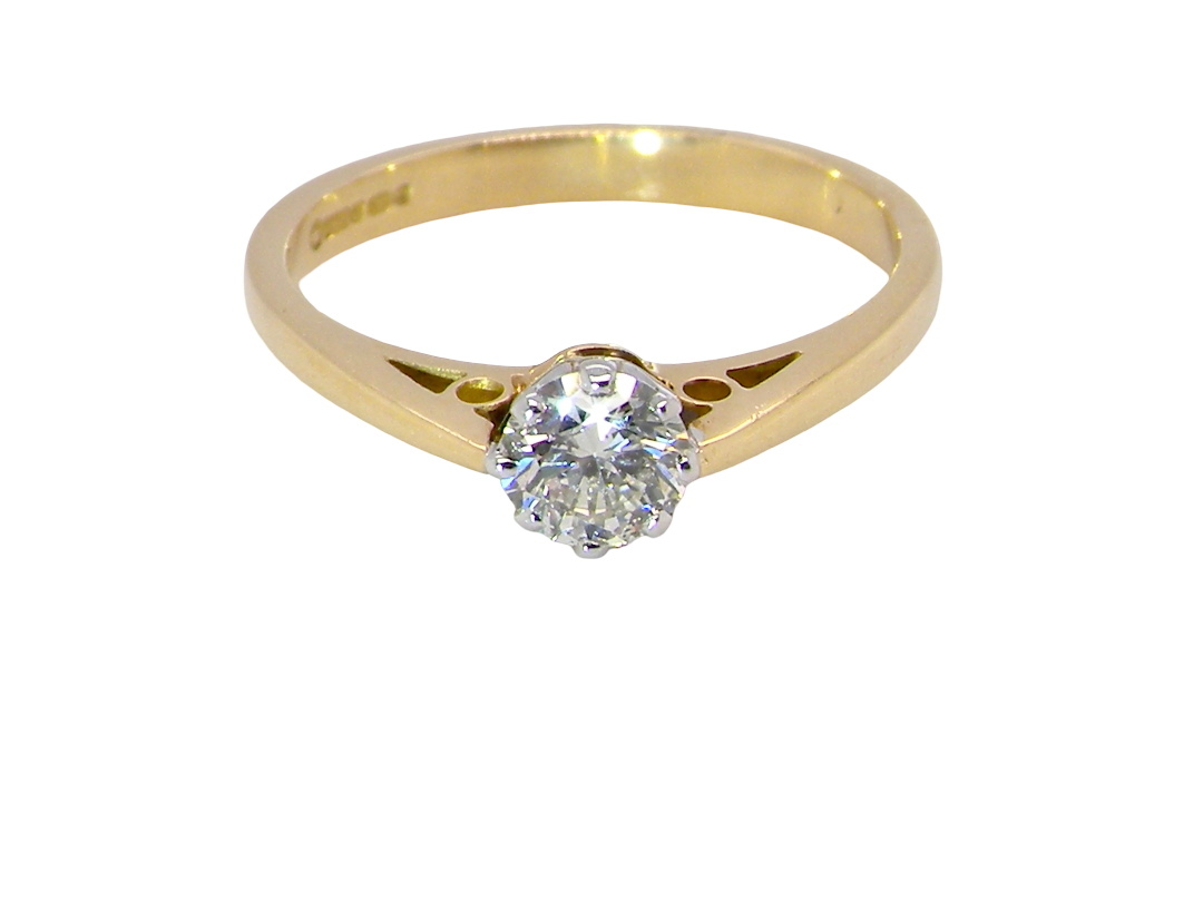 A classic solitaire ring. Features a single brilliant cut white diamond, measures 5mm (est 0.50 carats) Colour H-j, clarity Si.
Head is claw set, platinum, head 5.2mm, weight 2.9 grams. 
