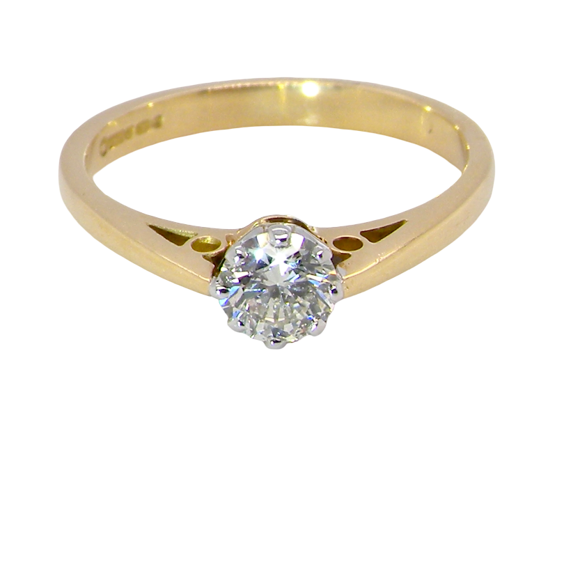 A classic solitaire ring. Features a single brilliant cut white diamond, measures 5mm (est 0.50 carats) Colour H-j, clarity Si.
Head is claw set, platinum, head 5.2mm, weight 2.9 grams. 