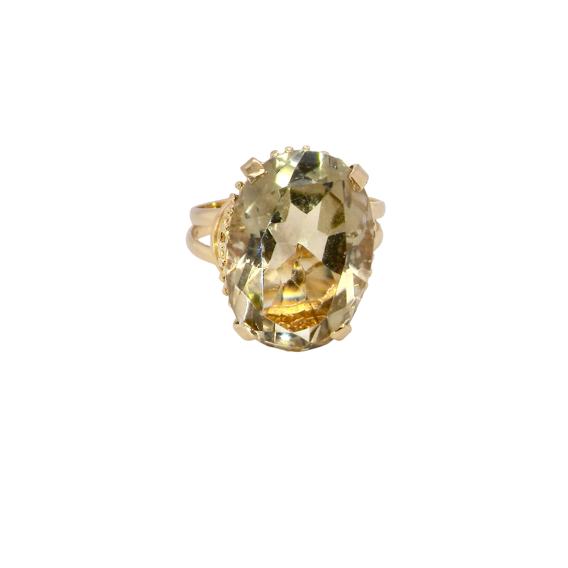 A continental dress ring that tests as 18 carat gold. Features a large citrine gemstone, that measures 18x13mm, depth 9mm. Golden yellow . 