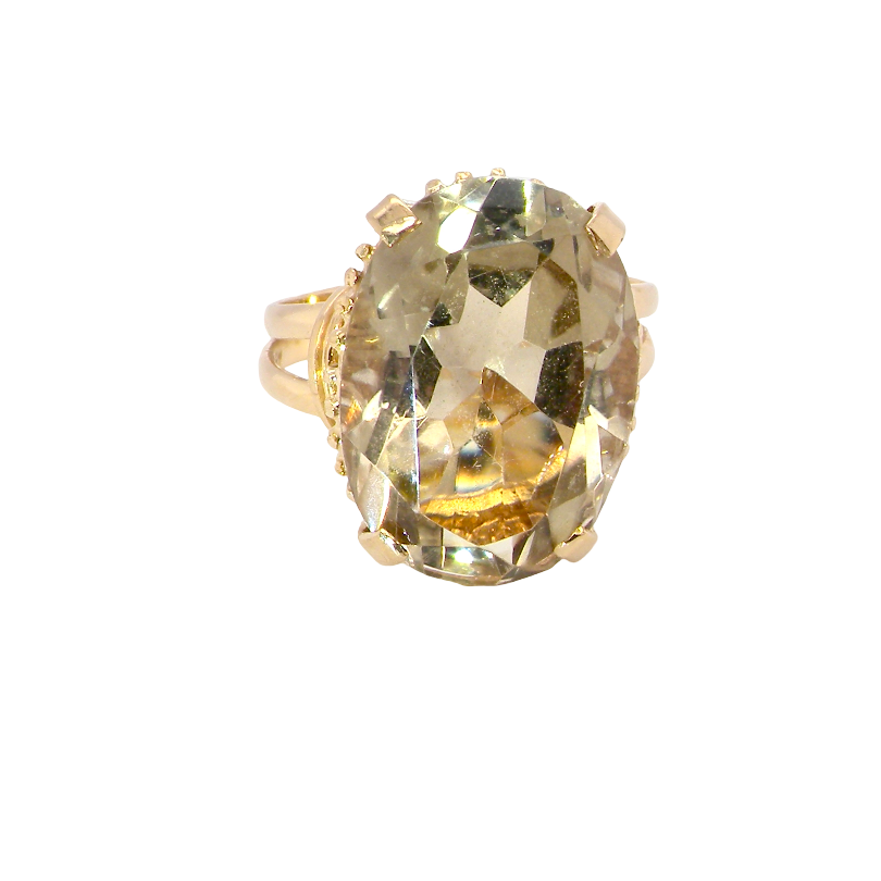 A continental dress ring that tests as 18 carat gold. Features a large citrine gemstone, that measures 18x13mm, depth 9mm. Golden yellow with a hint of olive green. 