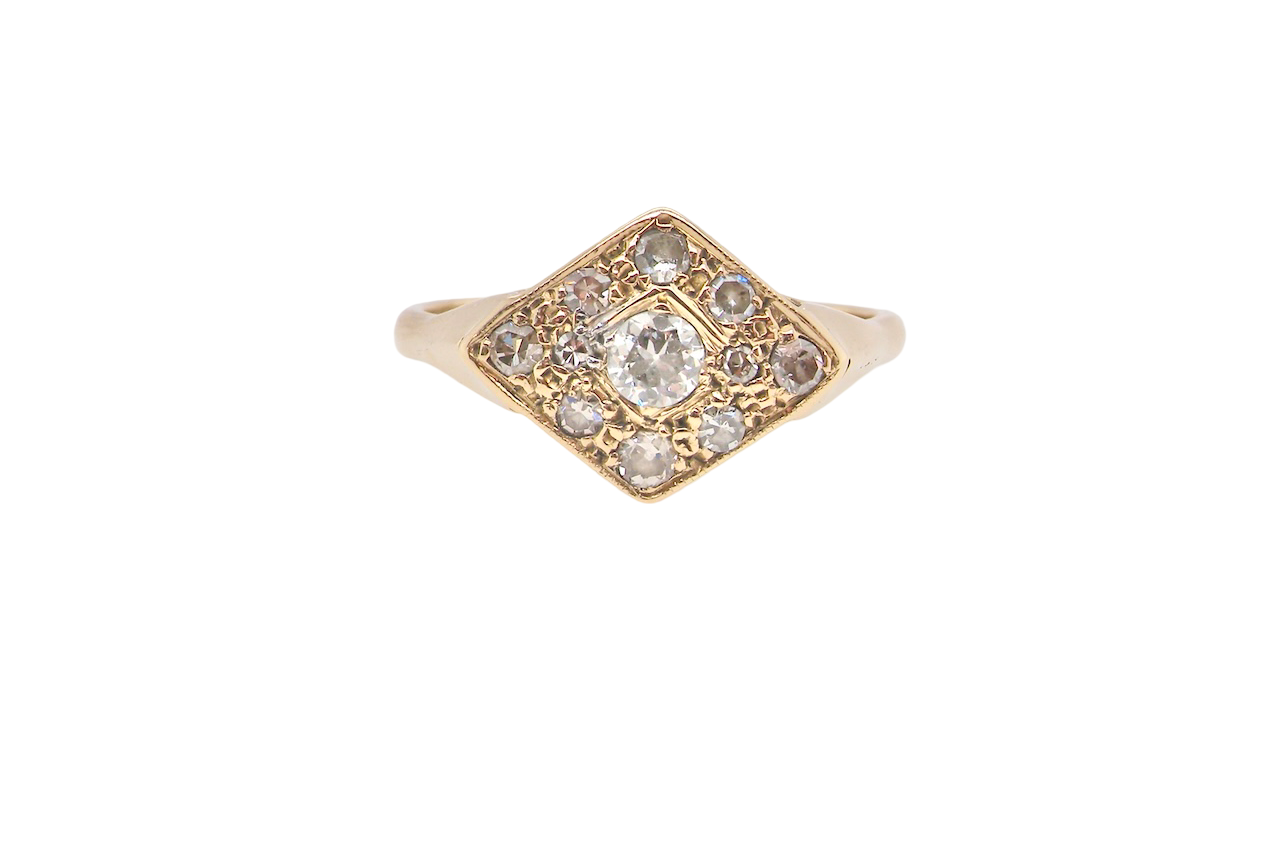 A diamond shaped Diamond cluster ring