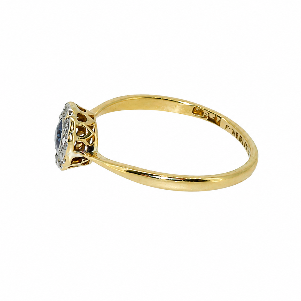 Vintage sapphire diamond cluster side view