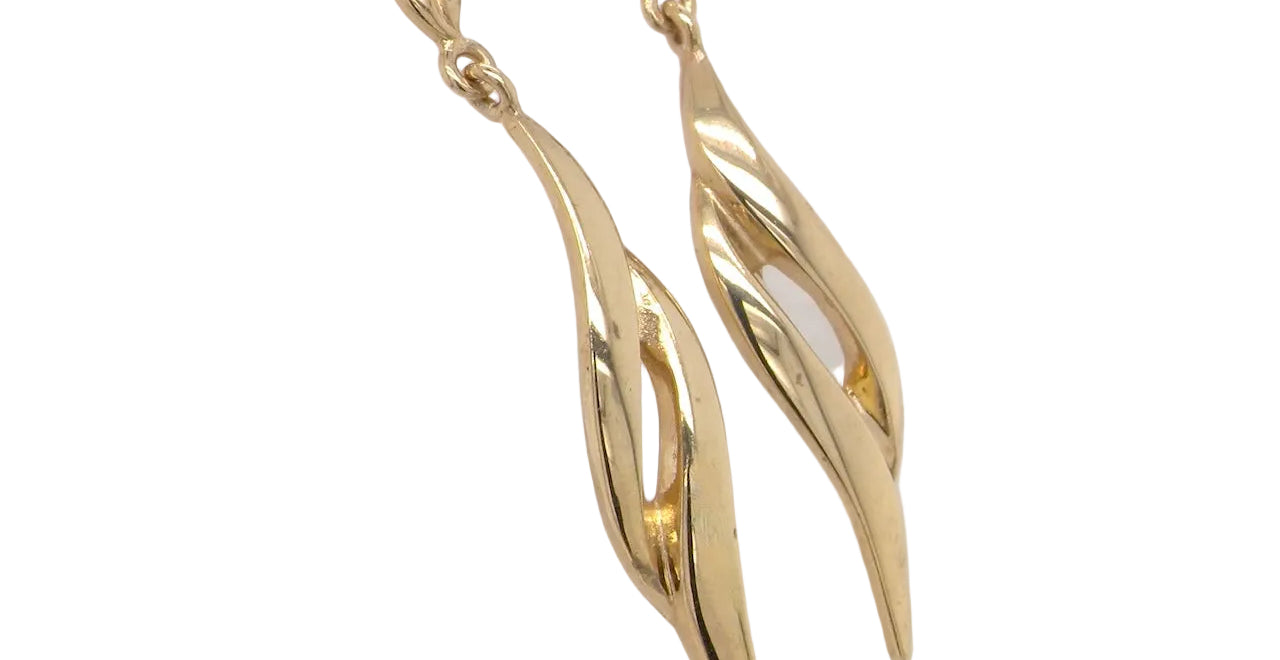 A feature pair of long drop earrings. Each a double loop that has a length of 38mm, width 8mm. shaped top to the post and scroll.