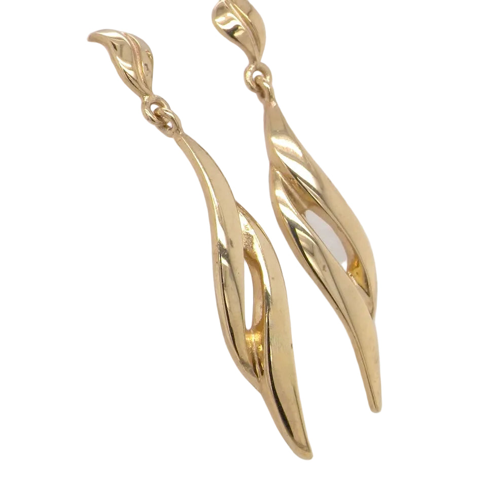 A feature pair of long drop earrings. Each a double loop that has a length of 38mm, width 8mm. shaped top to the post and scroll.