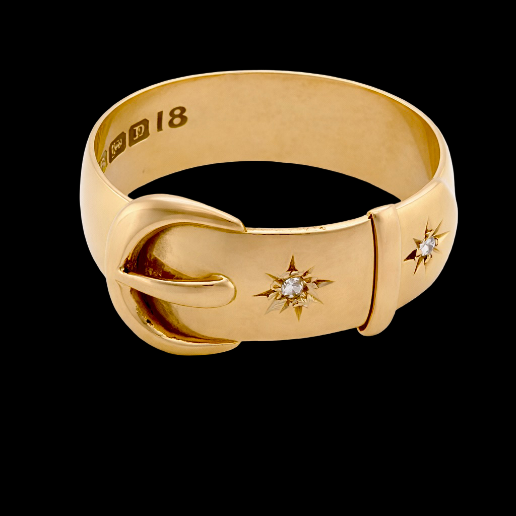 A fine 18 carat gold buckle ring set with old rose cut diamonds