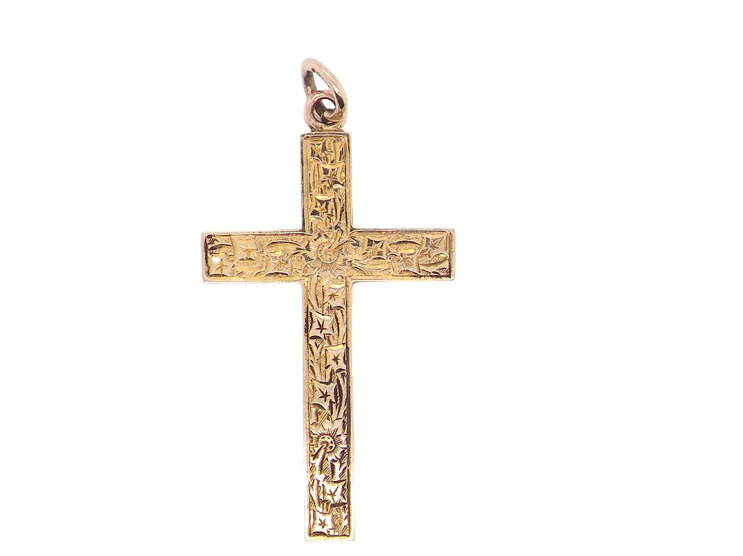 A fine 9 carat gold cross. Hand engrarved across the whole body of the cross which measures 45x25mm
