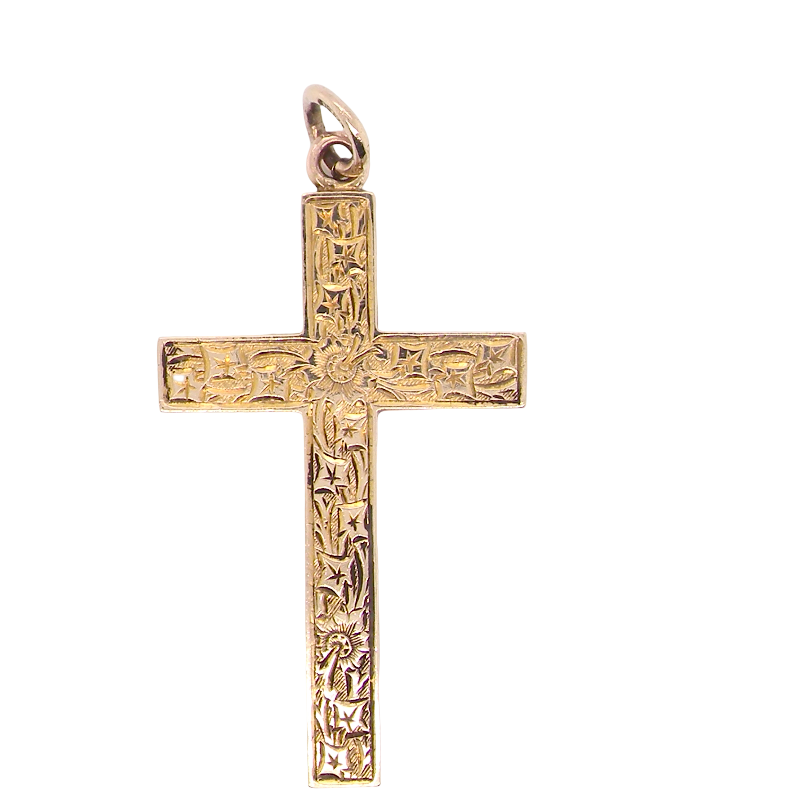 A fine 9 carat gold cross. Hand engrarved across the whole body of the cross which measures 45x25mm