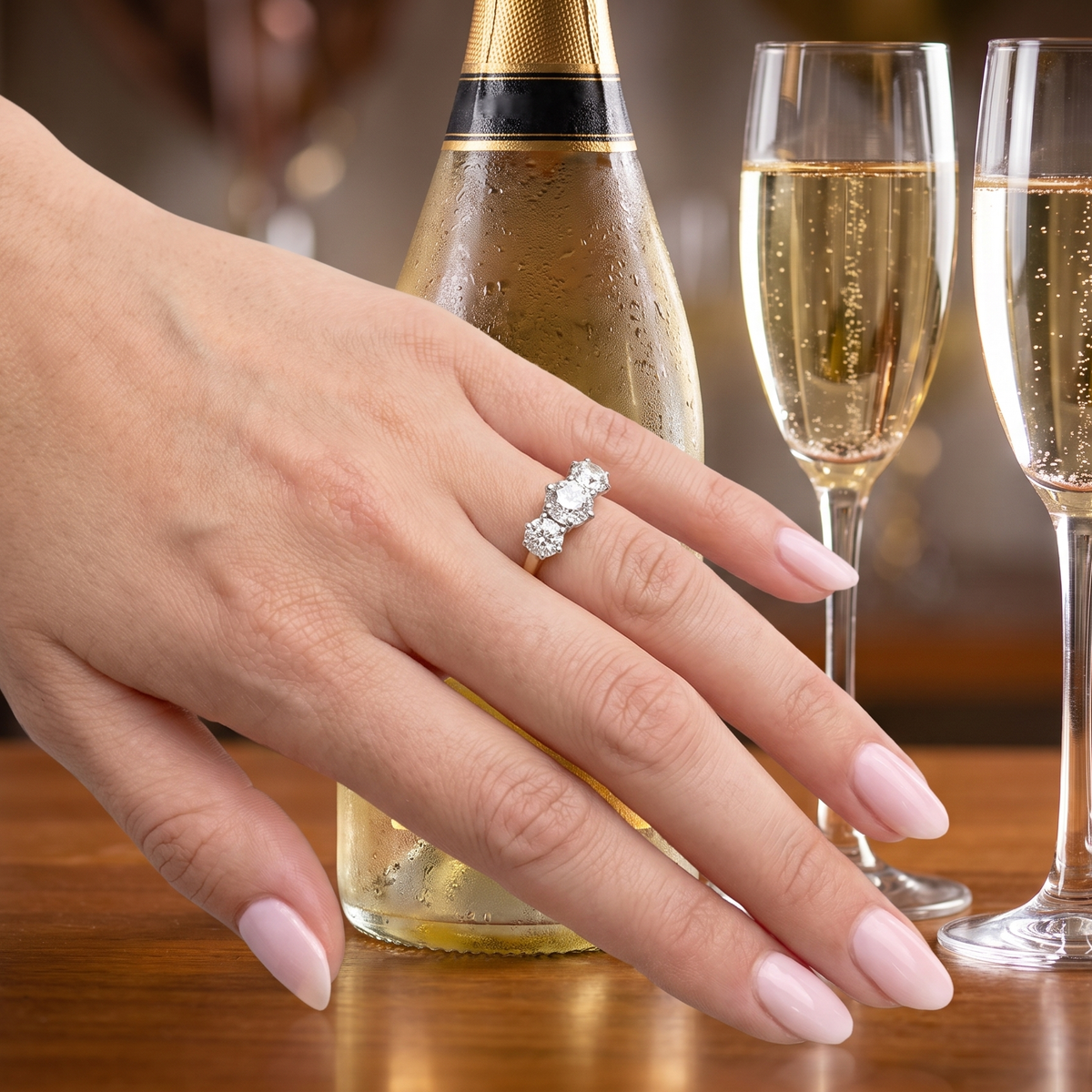 A close-up of a hand with pale pink manicured nails wearing a sparkling silver ring, posed next to a champagne bottle and two filled champagne flutes on a wooden table.