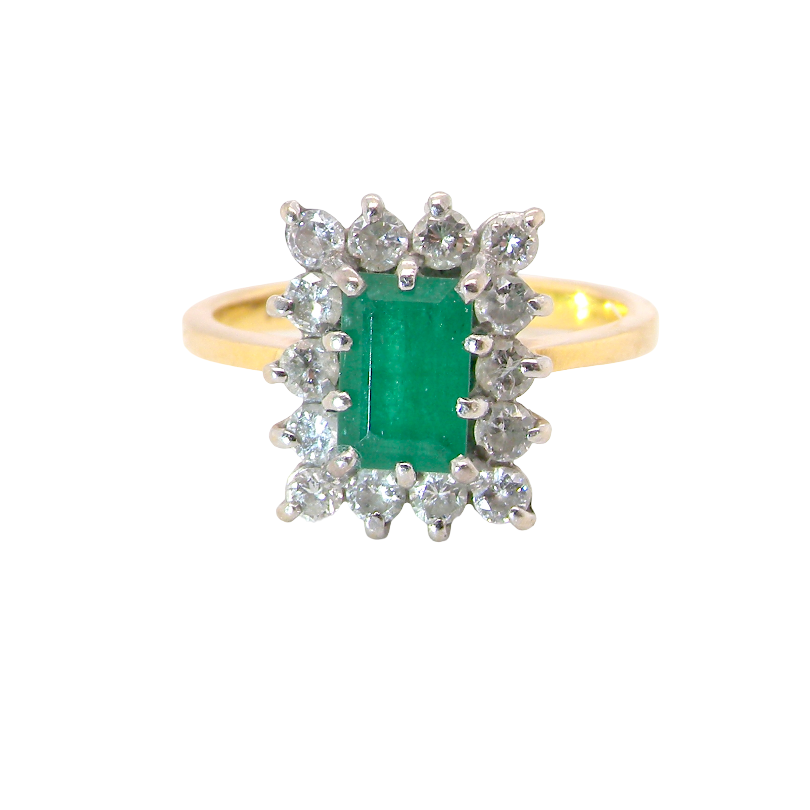 A yellow gold ring featuring a central emerald-cut green gemstone surrounded by a halo of small clear stones, set against a plain white background.