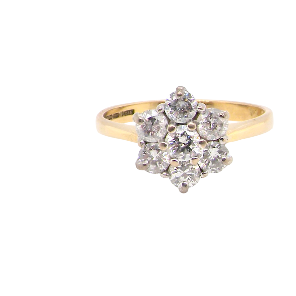 Gold ring with diamond cluster on a white background