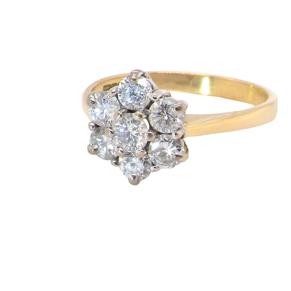 Gold ring with diamond cluster on a white background