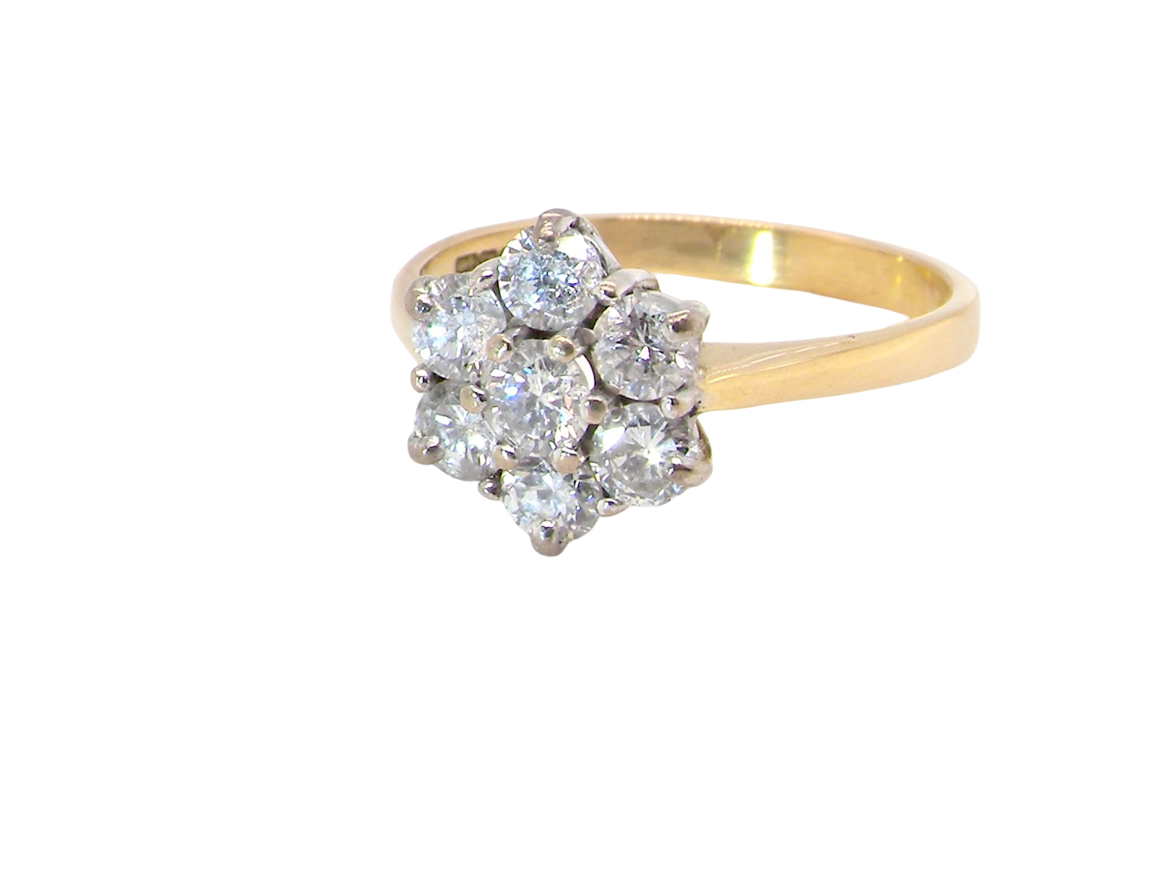 Gold ring with diamond cluster on a white background