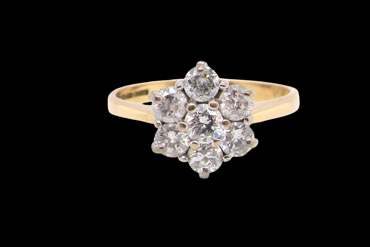 Diamond ring with a yellow gold band on a black background