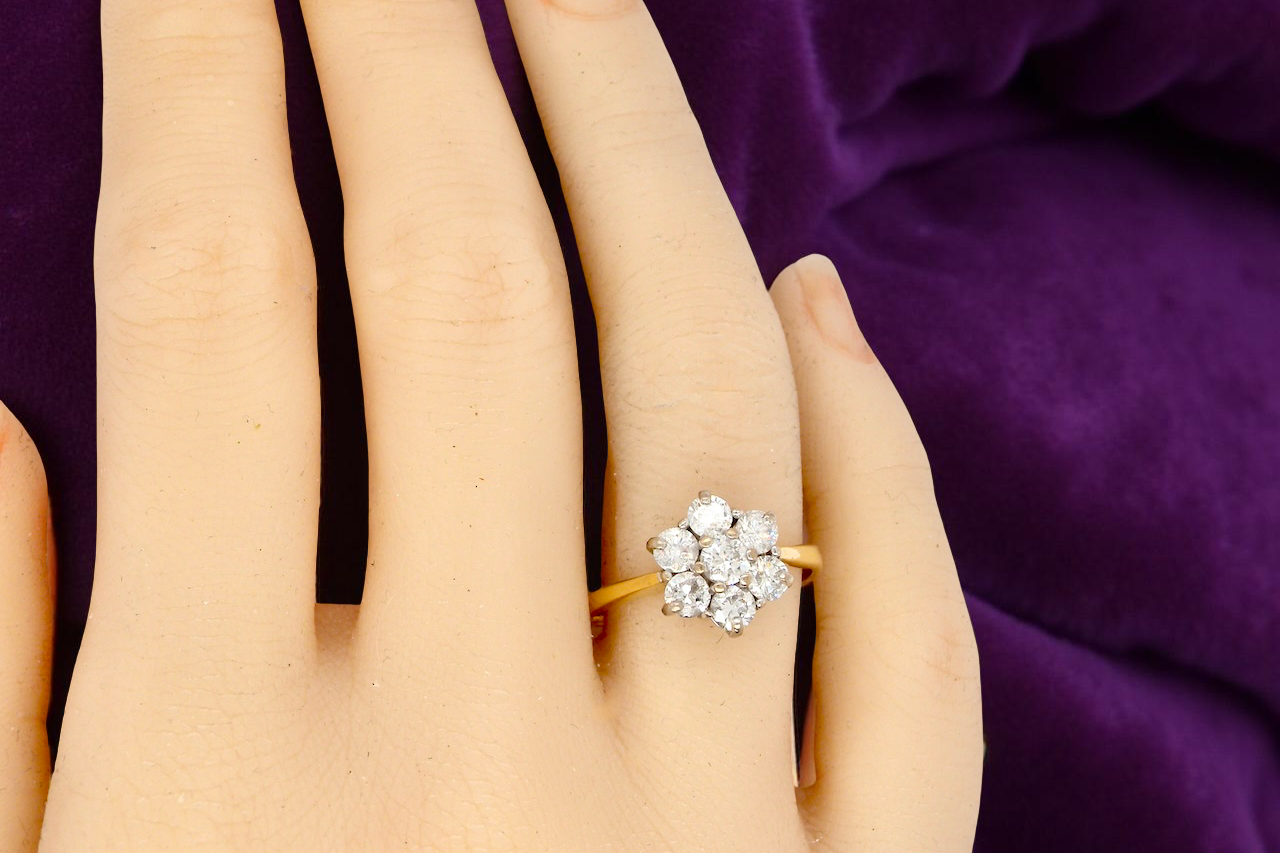 Gold and diamond ring on a hand with a purple background