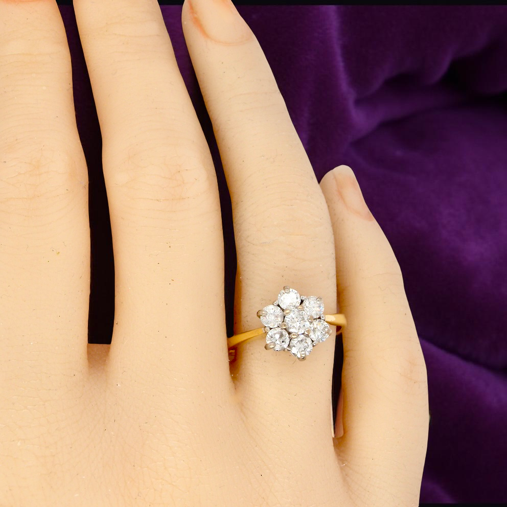 Gold and diamond ring on a hand with a purple background