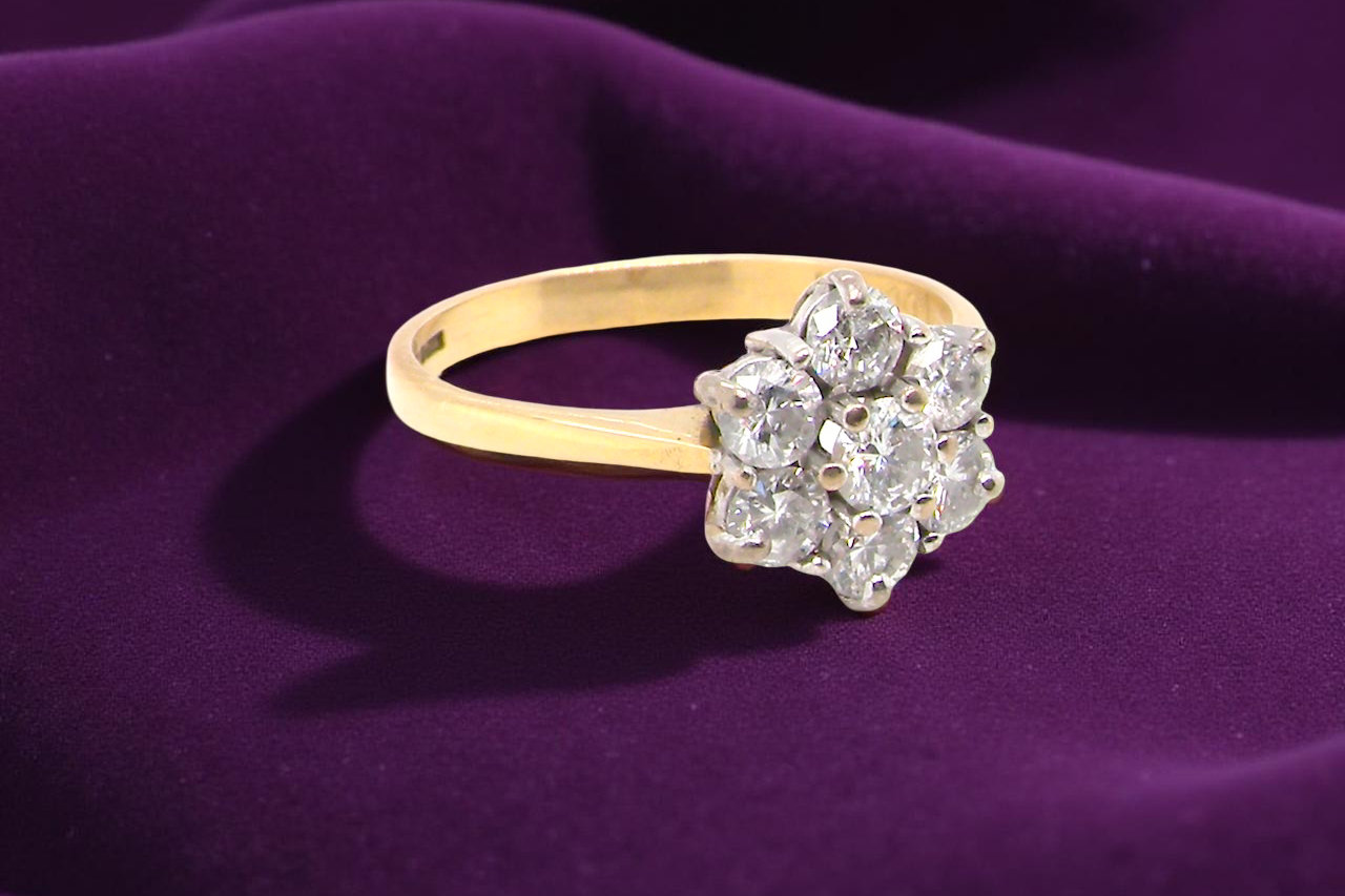 Gold ring with diamond cluster on a purple fabric background