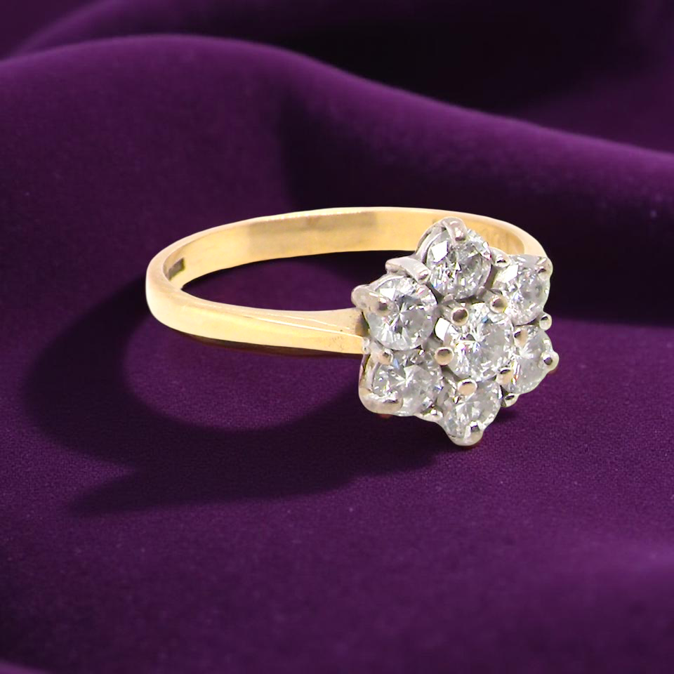 Gold ring with diamond cluster on a purple fabric background