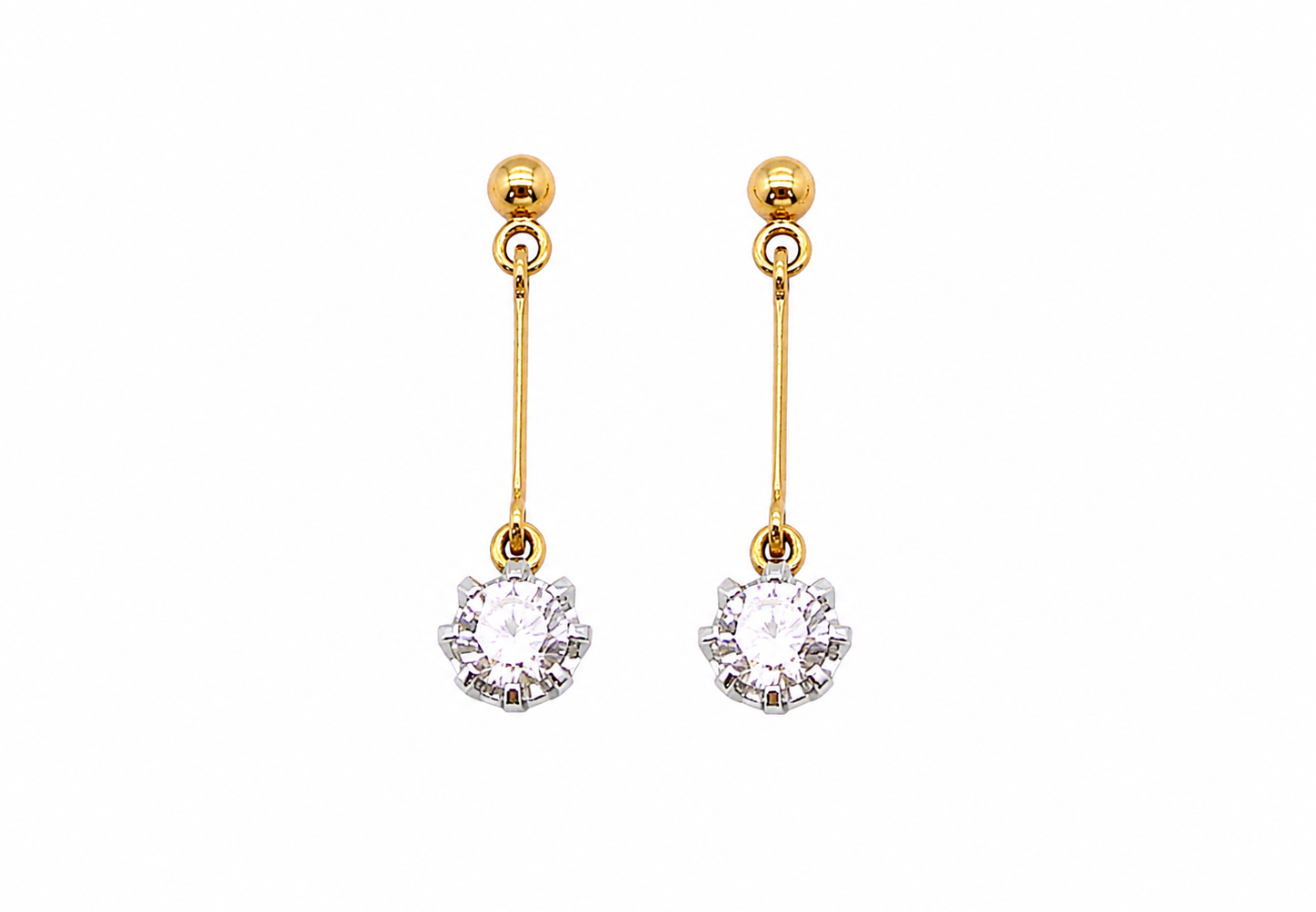 A fine pair of 18 carat yellow gold drop earrings.
Each modern brilliant cut white diamond measures 5mm (est half a carat each), claw set.