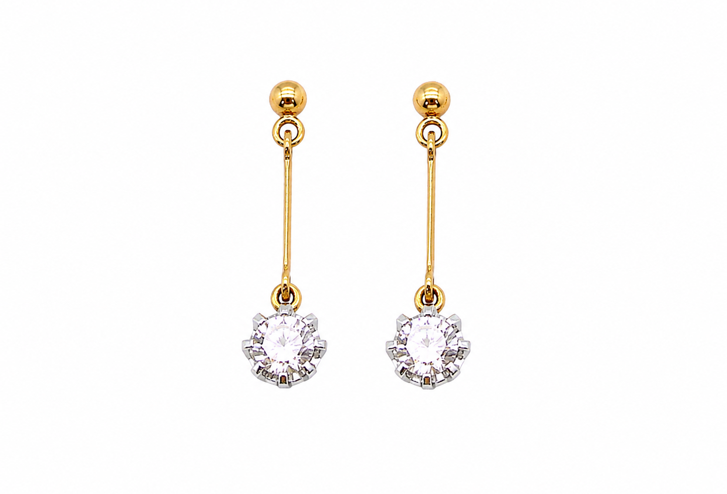 A fine pair of 18 carat yellow gold drop earrings.
Each modern brilliant cut white diamond measures 5mm (est half a carat each), claw set.