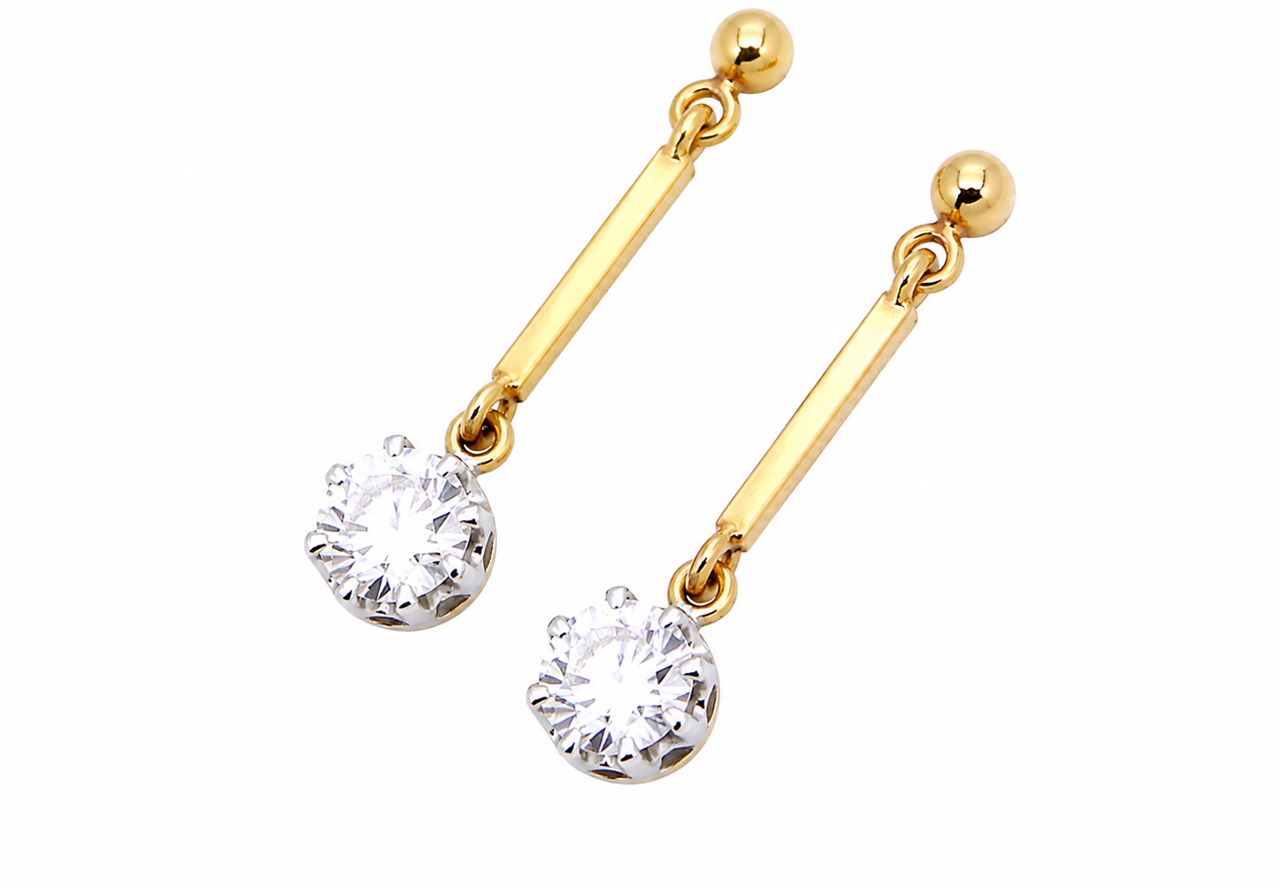 side view A fine pair of 18 carat yellow gold drop earrings.
Each modern brilliant cut white diamond measures 5mm (est half a carat each), claw set.