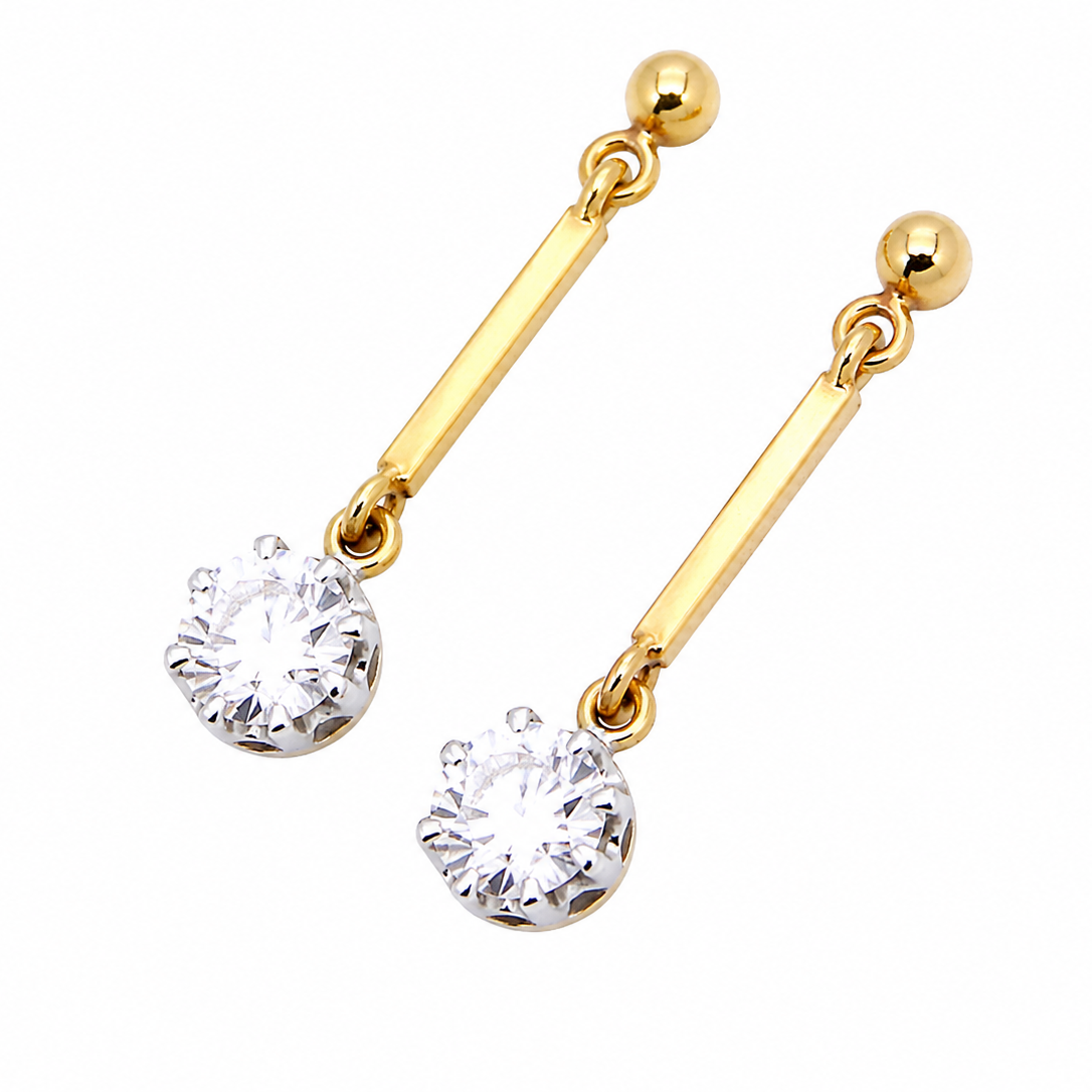 side view A fine pair of 18 carat yellow gold drop earrings.
Each modern brilliant cut white diamond measures 5mm (est half a carat each), claw set.