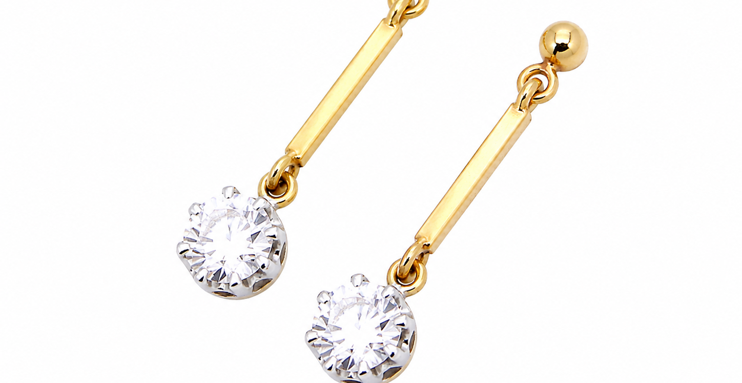 side view A fine pair of 18 carat yellow gold drop earrings.
Each modern brilliant cut white diamond measures 5mm (est half a carat each), claw set.